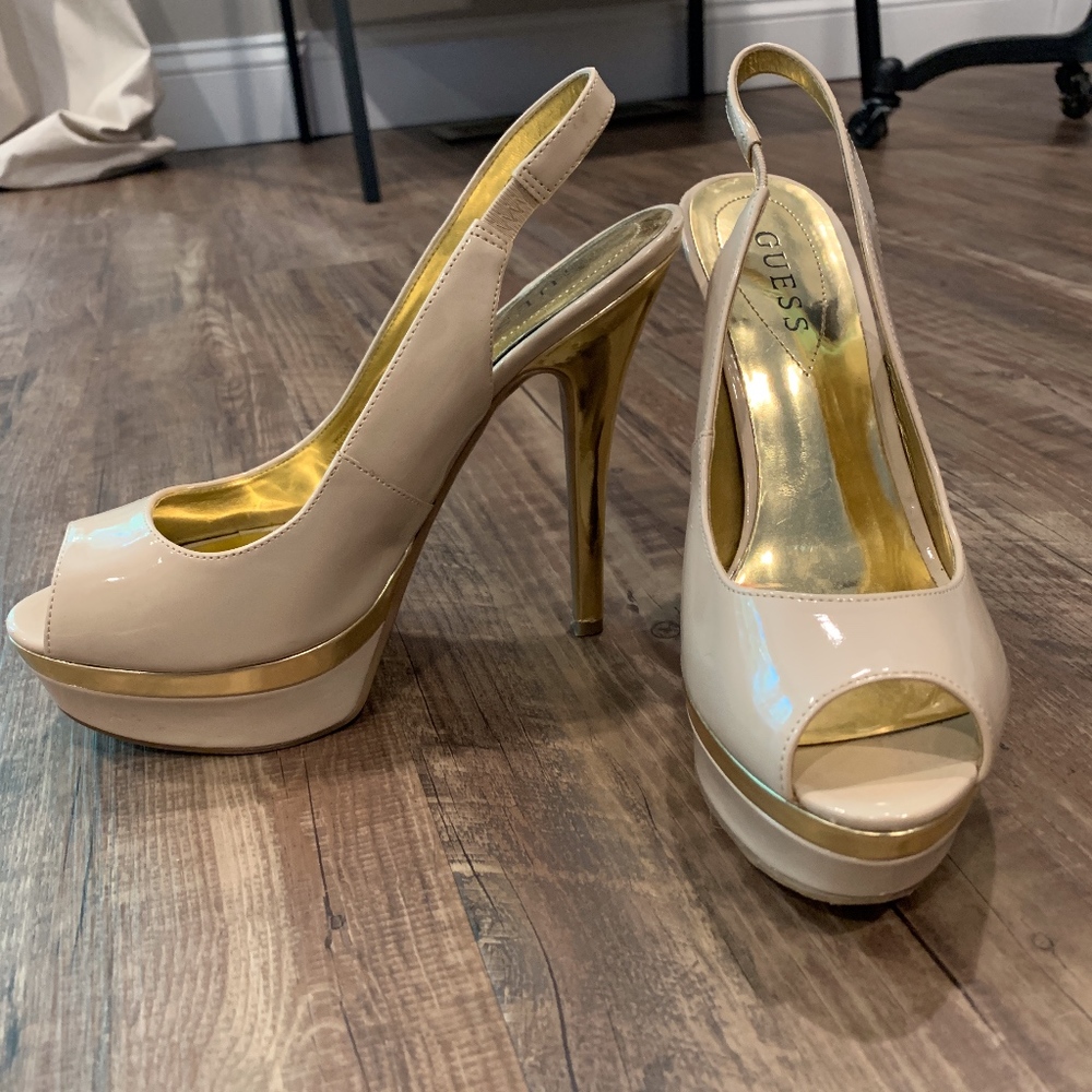 Guess Nude and Gold Peep Toe Slingback Heels
